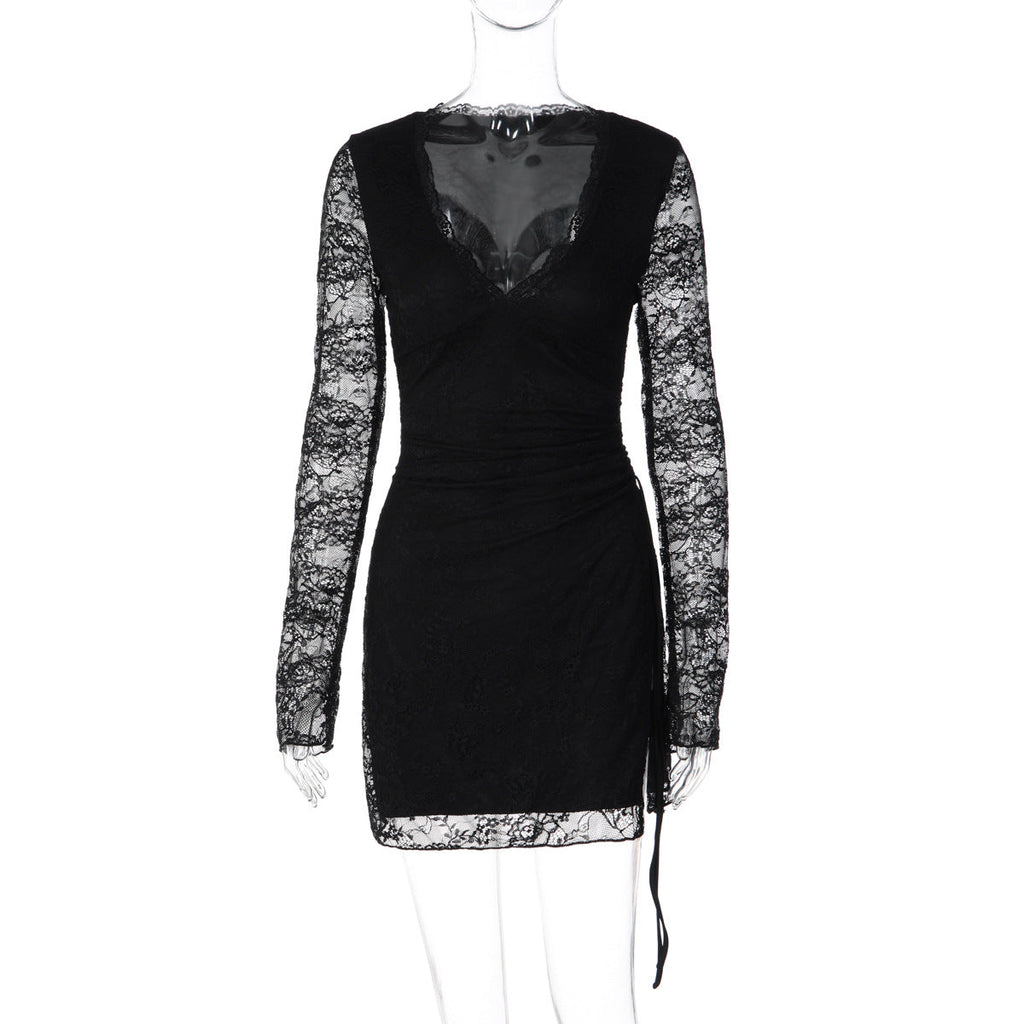 Lace Hollow-Out Split Bodycon Mini Dress for Clubwear