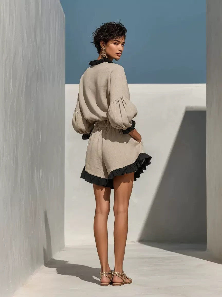 Color-Block Ruffle Linen Round-Neck Lantern-Sleeve Top & High-Waisted Pocket Shorts Two-Piece Set