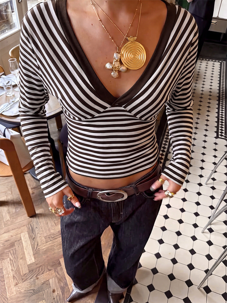 Striped V-Neck Color-Block Long-Sleeve T-Shirt