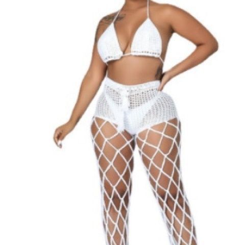 See-Through Hollow-Out Crochet Fishnet Pants Set for Beachwear