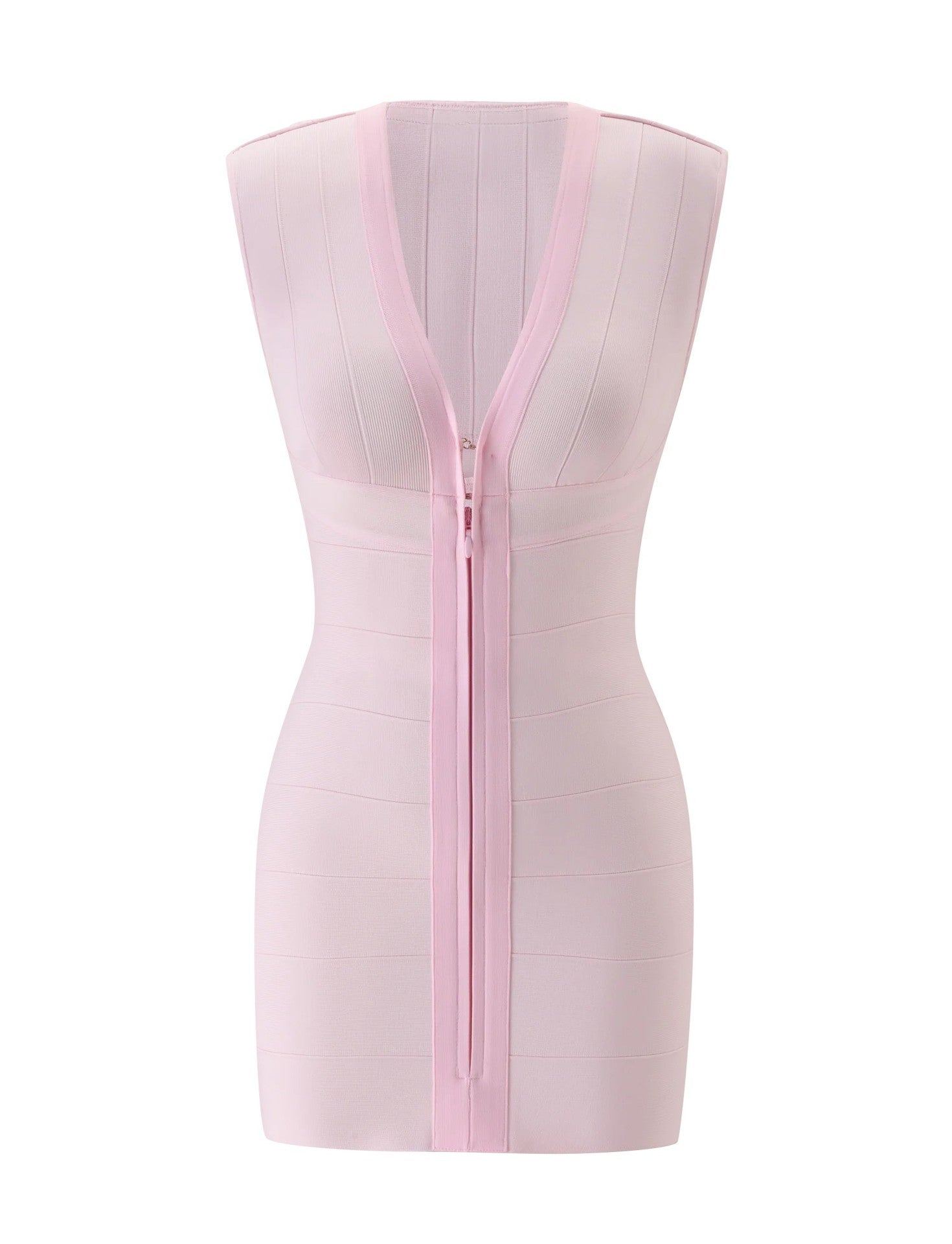 Pink Deep V-Neck Sleeveless Zip-Up Bodycon Mini Dress for Party Wear
