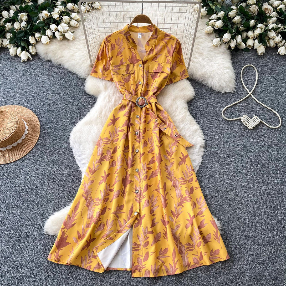 Printed V-Neck Short Sleeve Maxi Dress for Summer