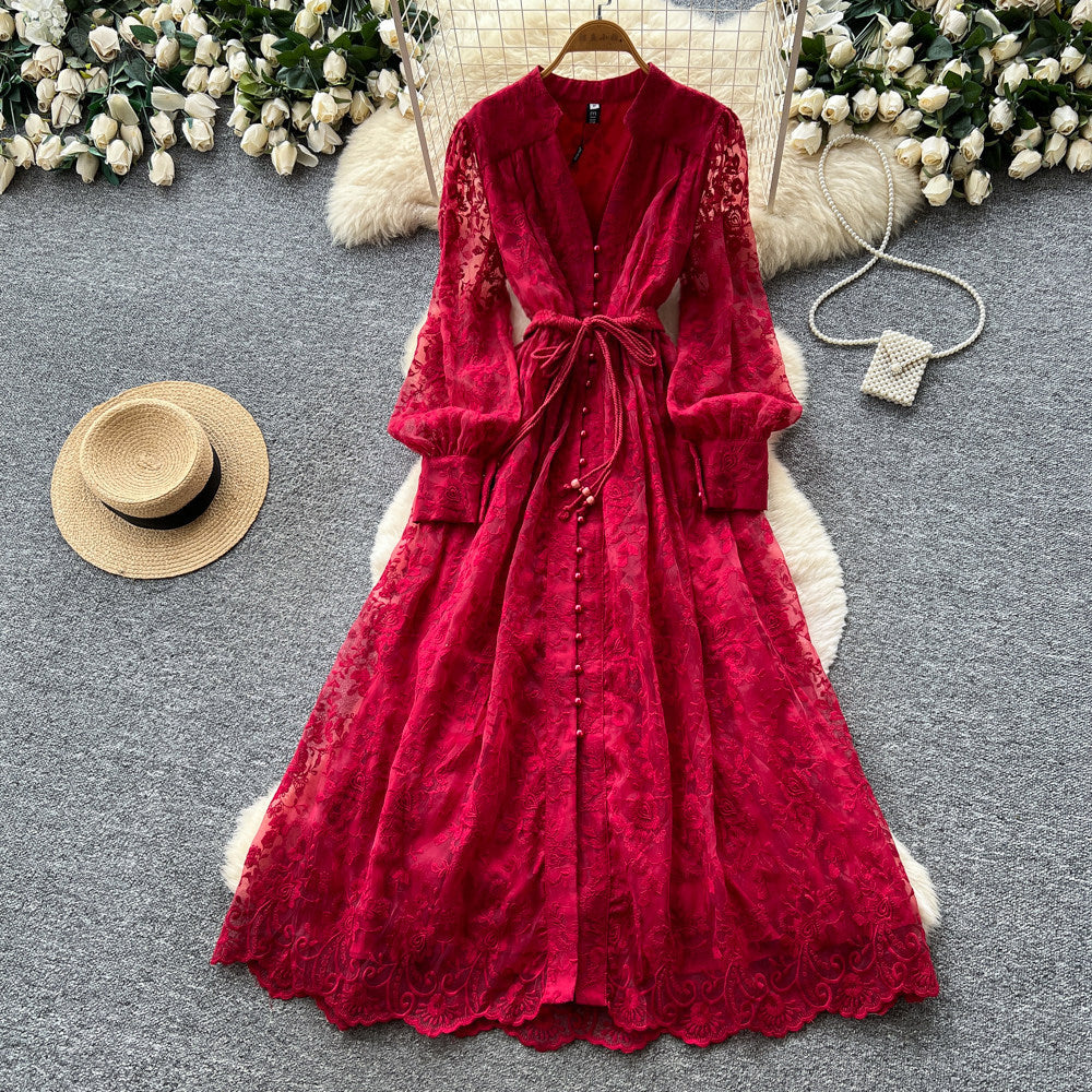 Lace Embroidery V-Neck Long Sleeve Maxi Dress for Summer