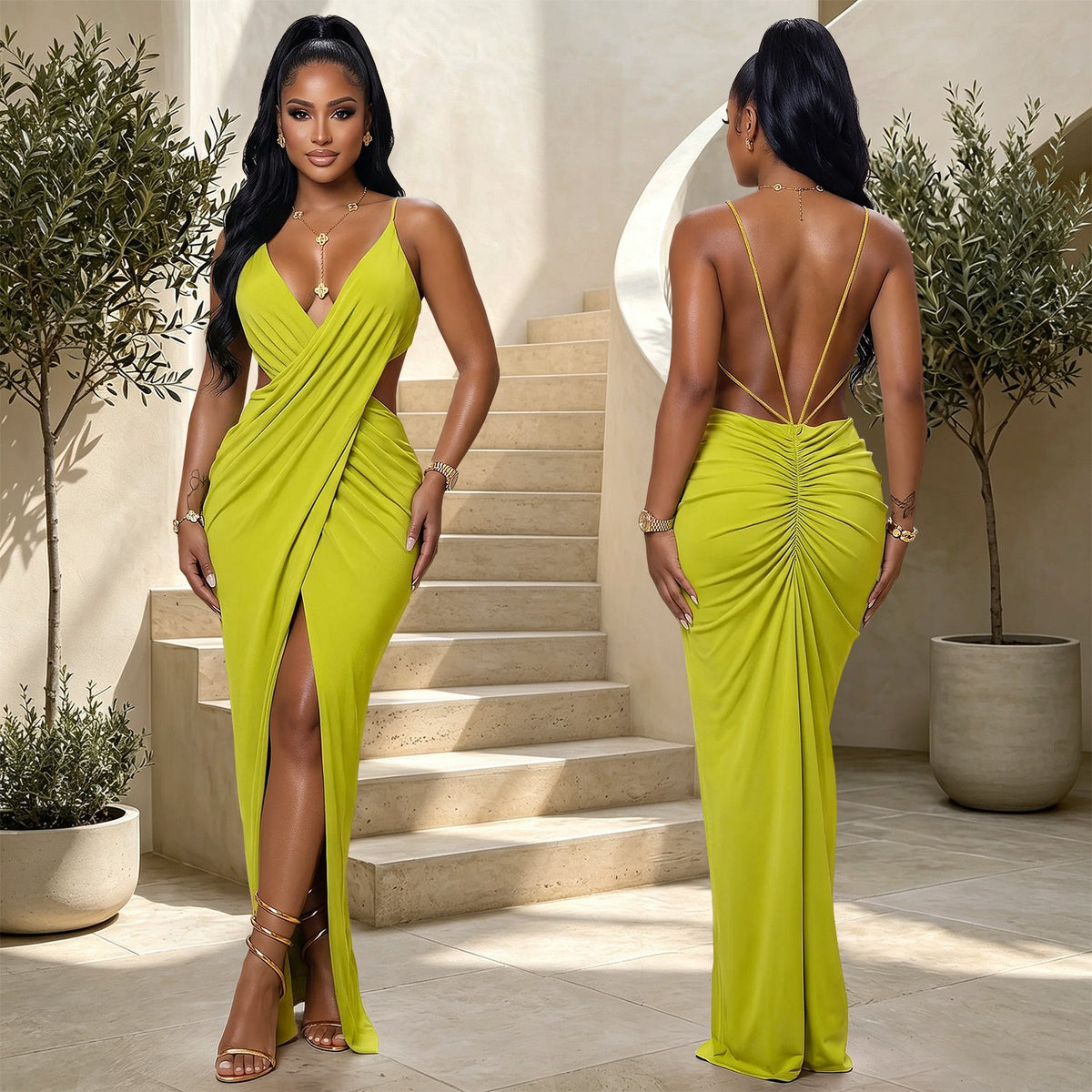 Strap V-Neck Cross Cutout Slit Bodycon Dress for Formal Parties