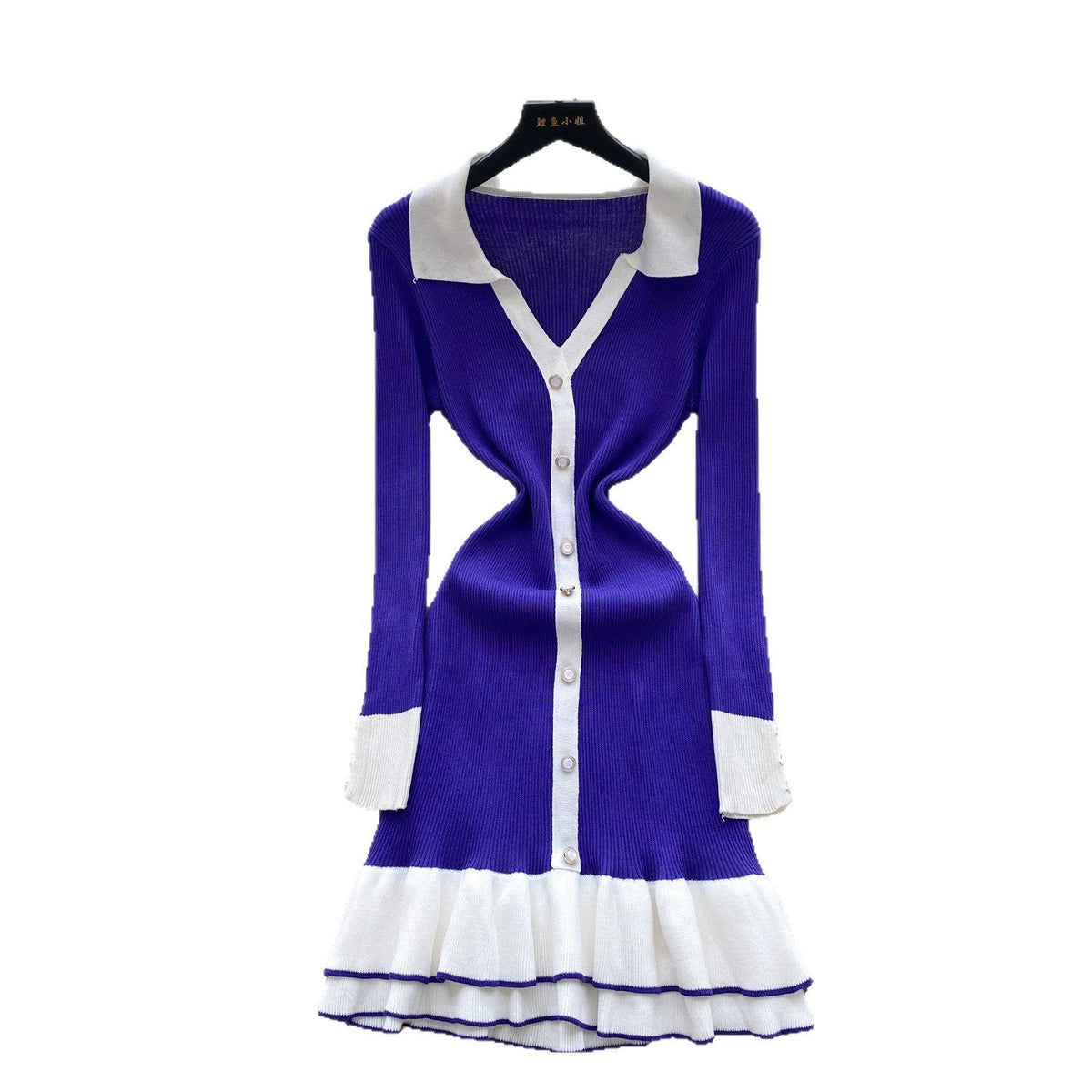 Color-Block Polo Collar Long Sleeve Ruffle Trim Dress