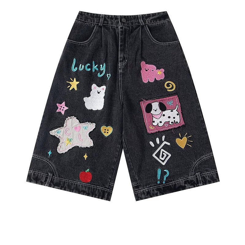 Puppy Cartoon Embroidered Capri Denim Pants for Casual Streetwear