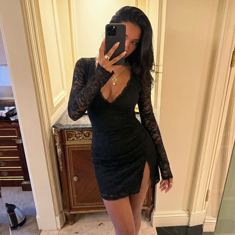 Lace Hollow-Out Split Bodycon Mini Dress for Clubwear