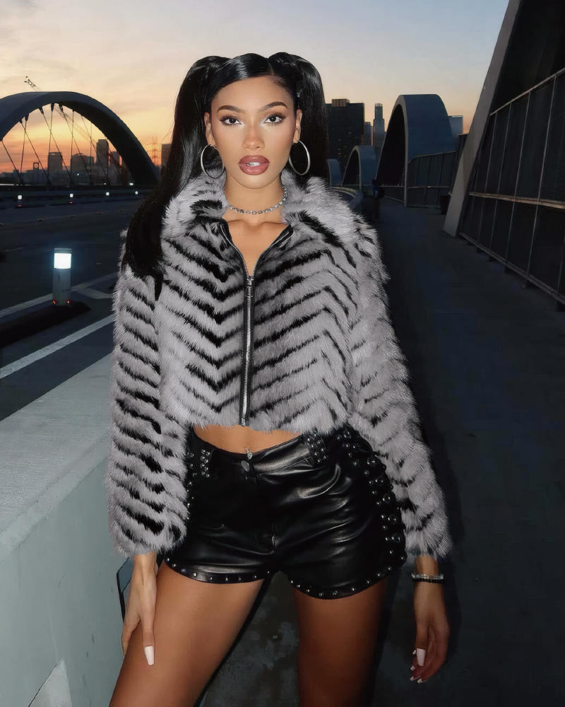 Faux Fur Tiger Print Cropped Oversized Plush Coat