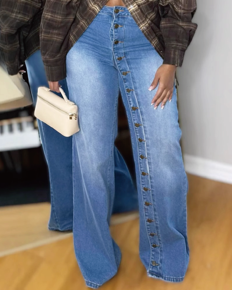 Jaylen Non Stretch Button Up Wide Leg Jeans