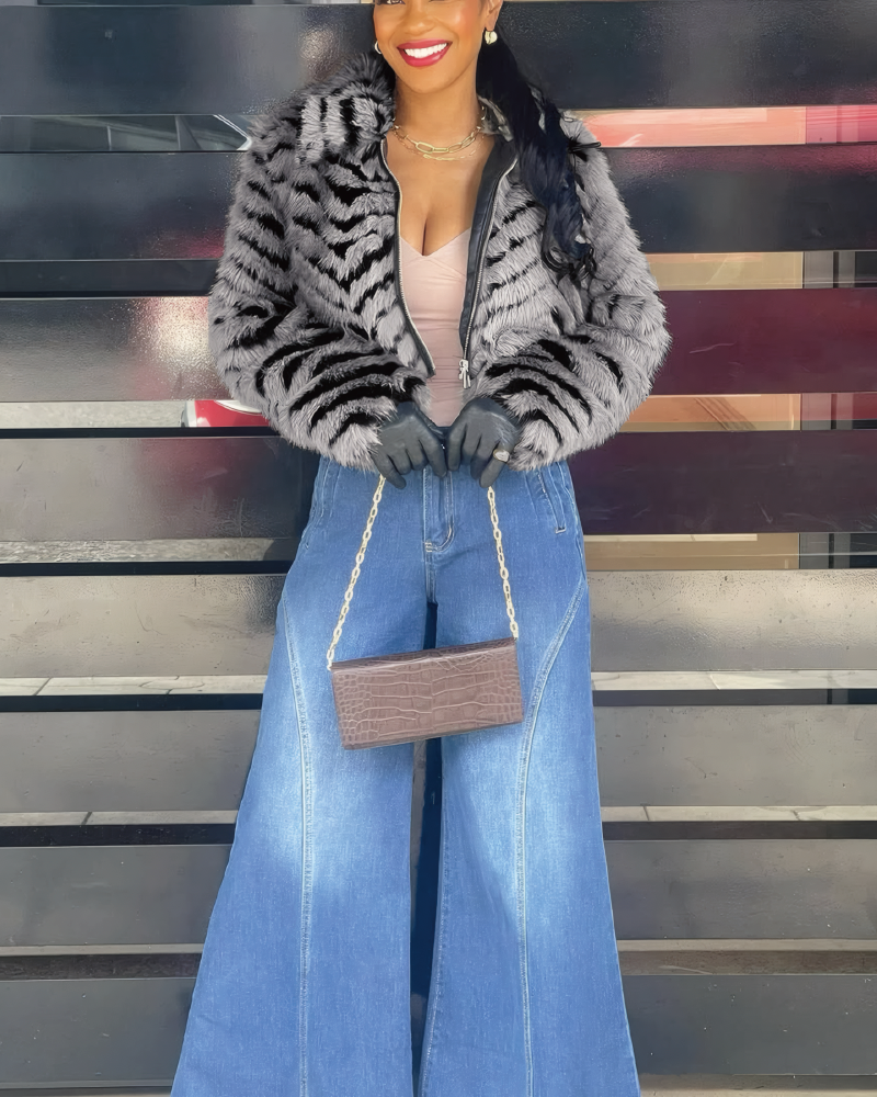 Faux Fur Tiger Print Cropped Oversized Plush Coat