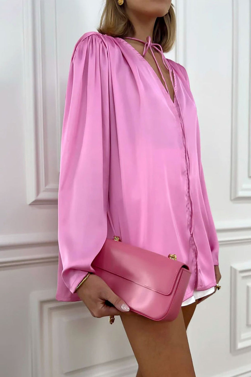 Pink V Neck Ruched Floral Lace-Up Blouse