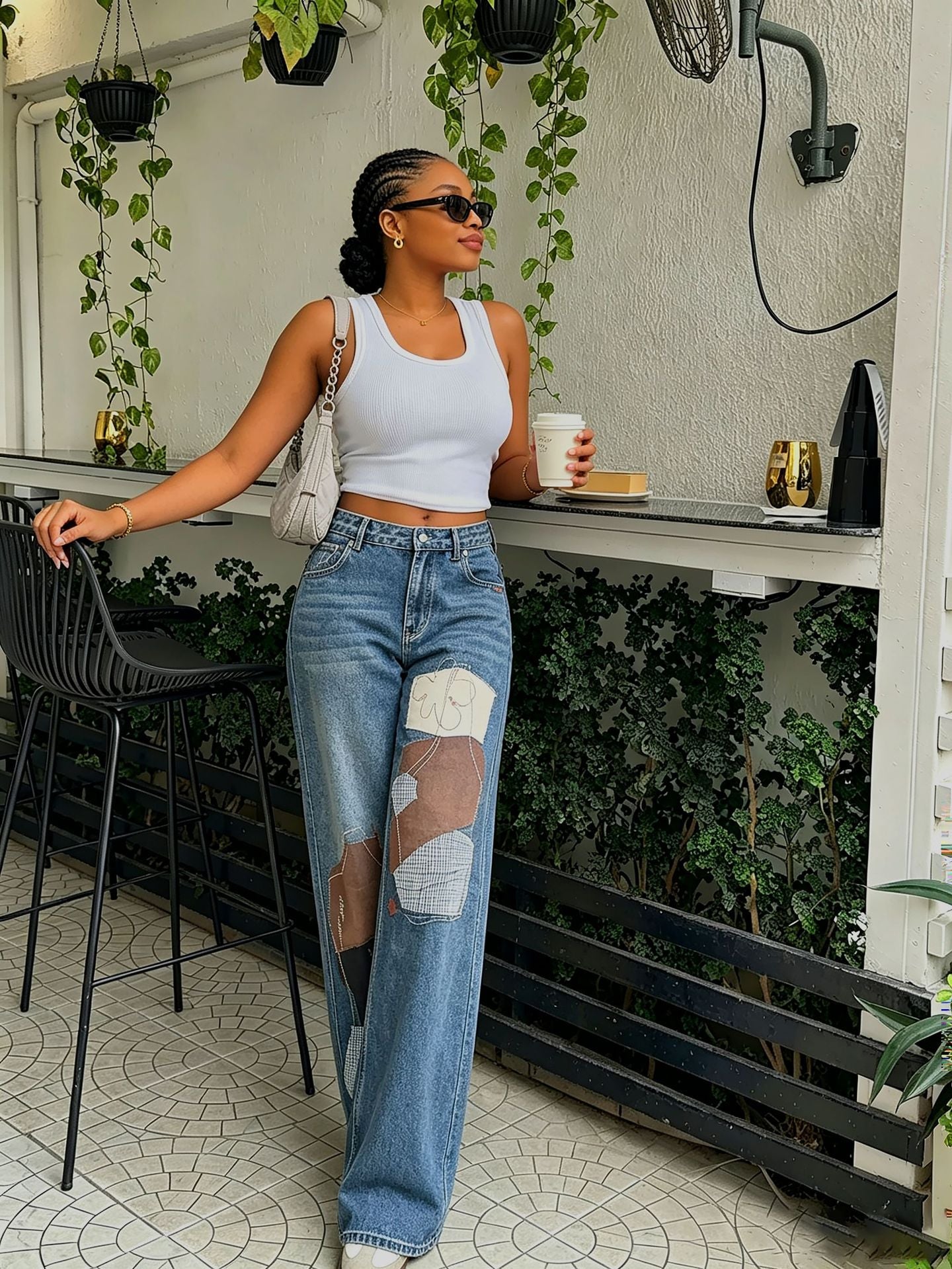 Stitched Patchwork Applique Print Denim Pants for Streetwear