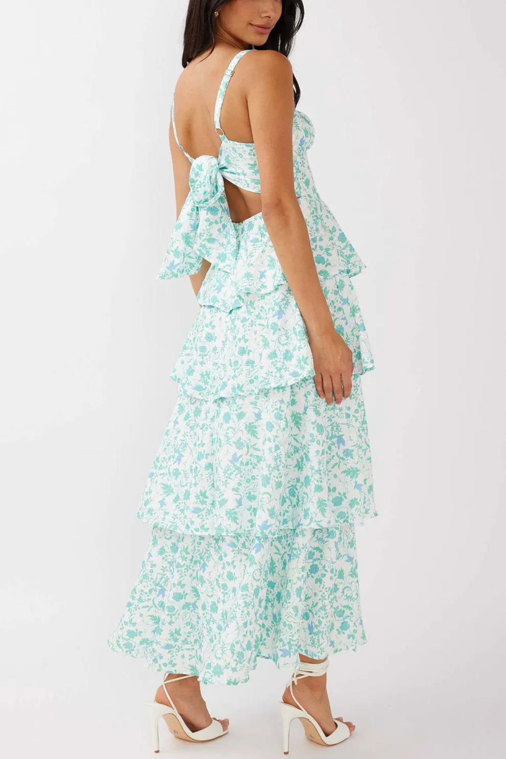 Floral Print Tie up Tiered Midi Dress