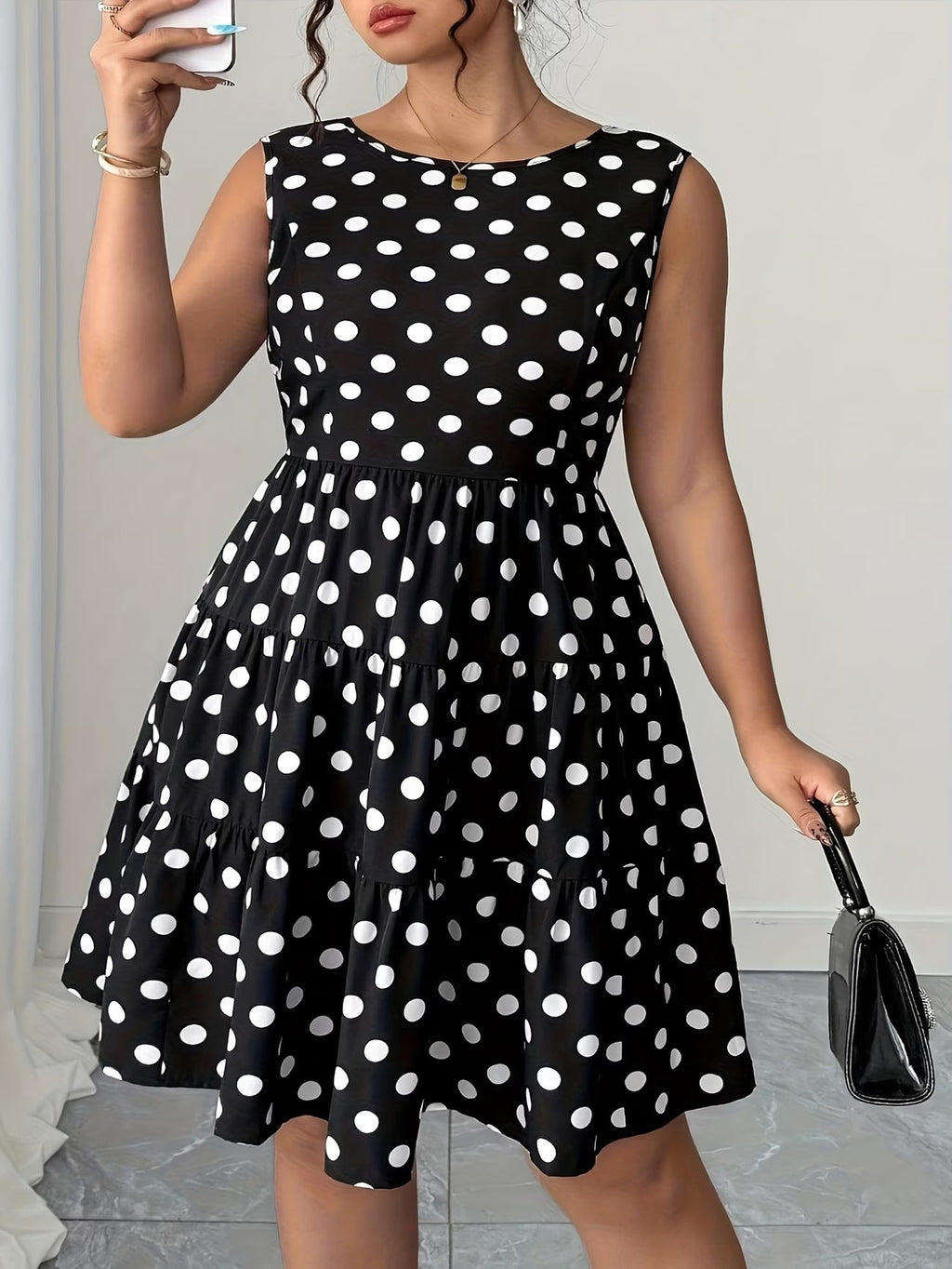 Plus Size Women Summer Polka Dot Retro Slim Waist A-line Dress