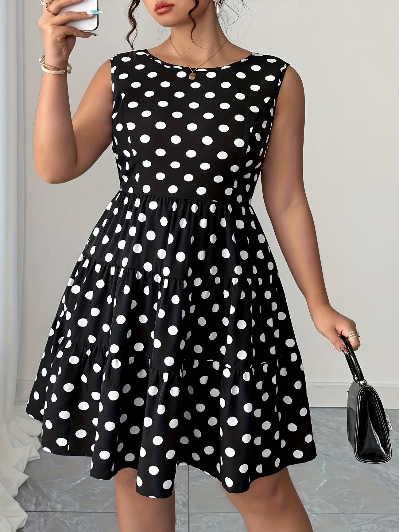Plus Size Women Summer Polka Dot Retro Slim Waist A-line Dress