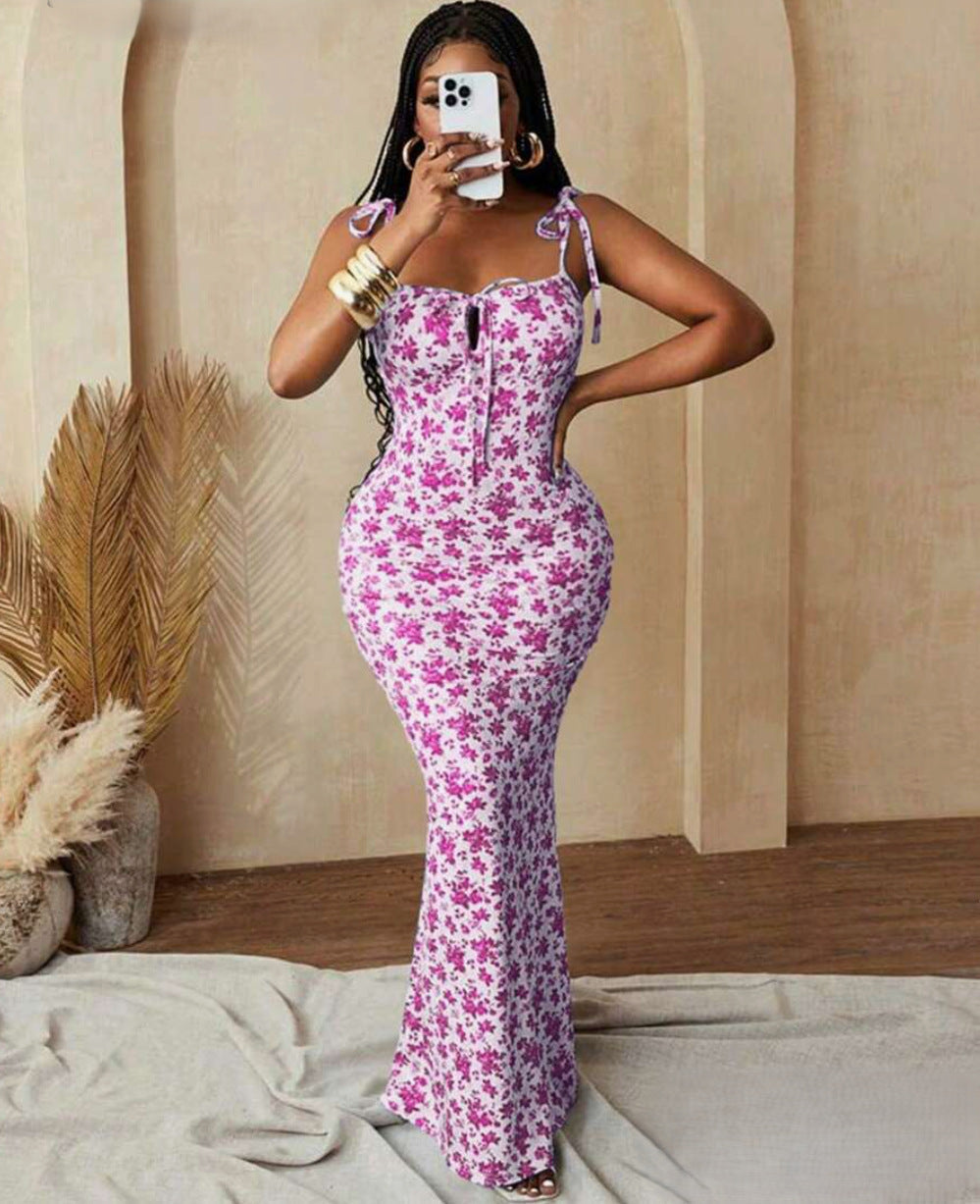 Floral Tie-Strap Cami Mermaid Maxi Dress for Summer Events