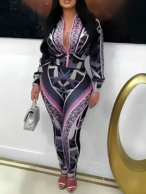 Set aus Jacke und Hose mit Reißverschluss vorne und Print