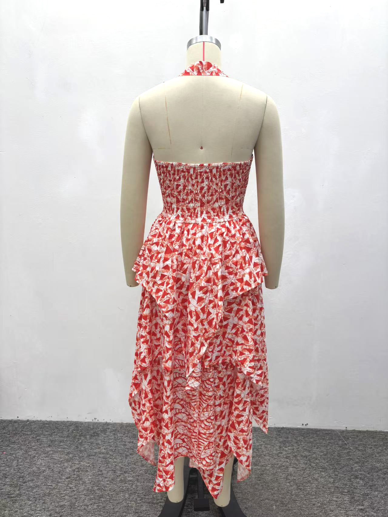 African Printed Halter Neck Ruched Irregular Maxi Dress for Evening Wear