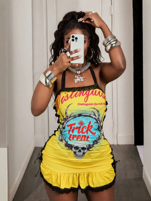 Skull Print Yellow Lace Ruffle Halter Mini Dress for Casual Wear