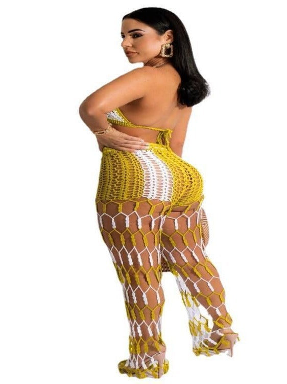Color Block See-Through Hollow-Out Crochet Fishnet Pants Two-Piece Set for Beachwear