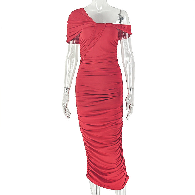 Slash Shoulder Sleeveless Bodycon Long Dress for Career Wear