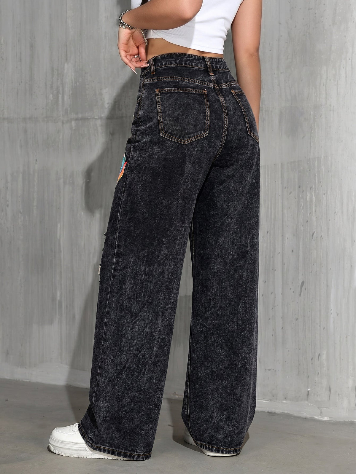High Waist Washed Printed Ripped Wide Leg Denim Jeans for Casual Streetwear