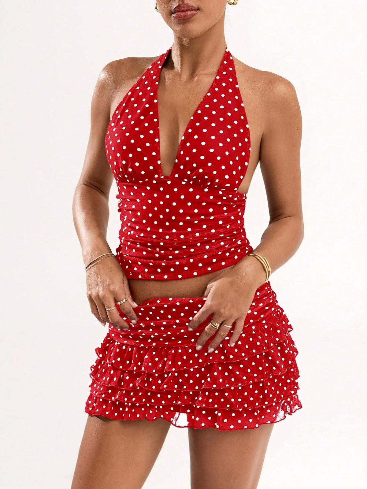 Polka Dot Halter Neck Top & Ruffle Edge Mini Skirt Set for Party Wear