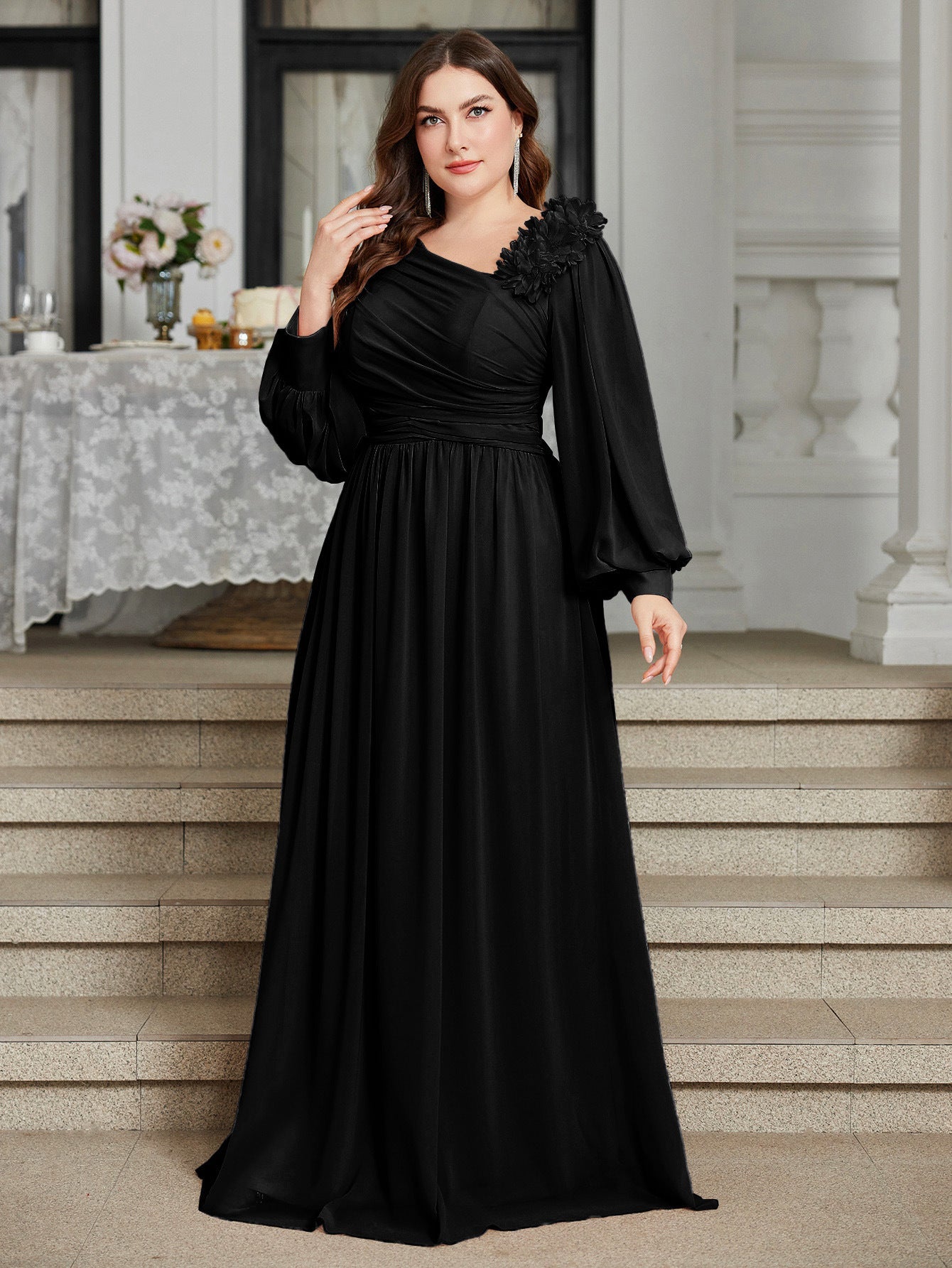 Plus Size Slash Shoulder Applique Lantern Sleeve Long Dress for Bridesmaids & Formal Events
