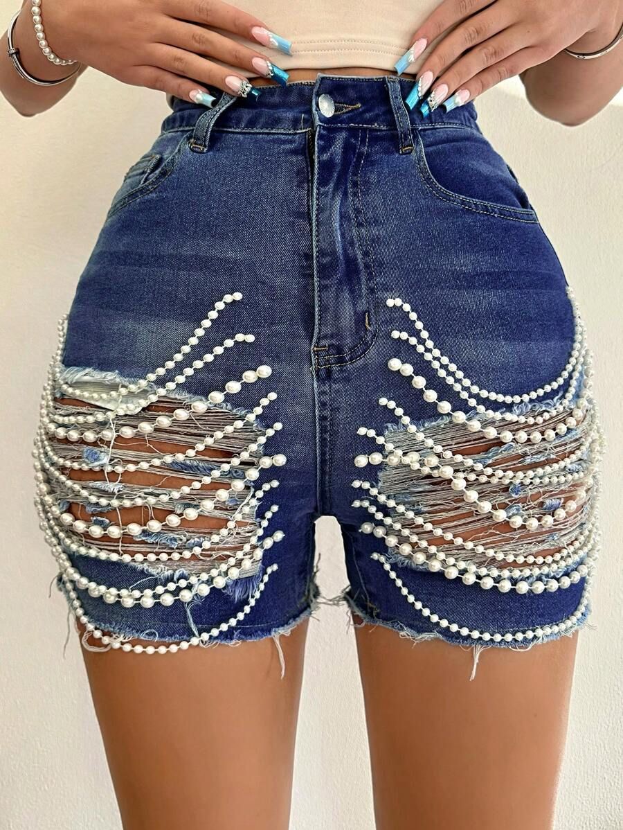 High Waist Slim Fit Ripped Beaded Denim Shorts for Summer Streetwear