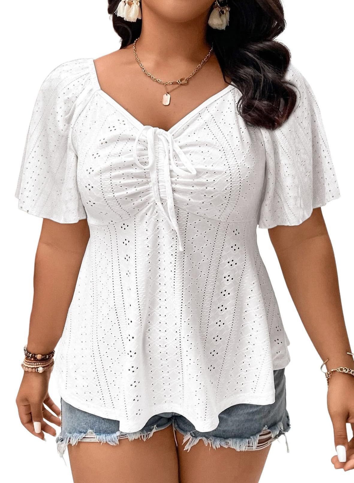 Plus Size Pleated Tie-Waist Short-Sleeve Top for Casual Wear