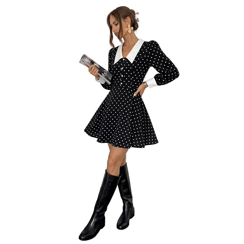 Polka Dot Turndown Collar Dress for Autumn Formal Events