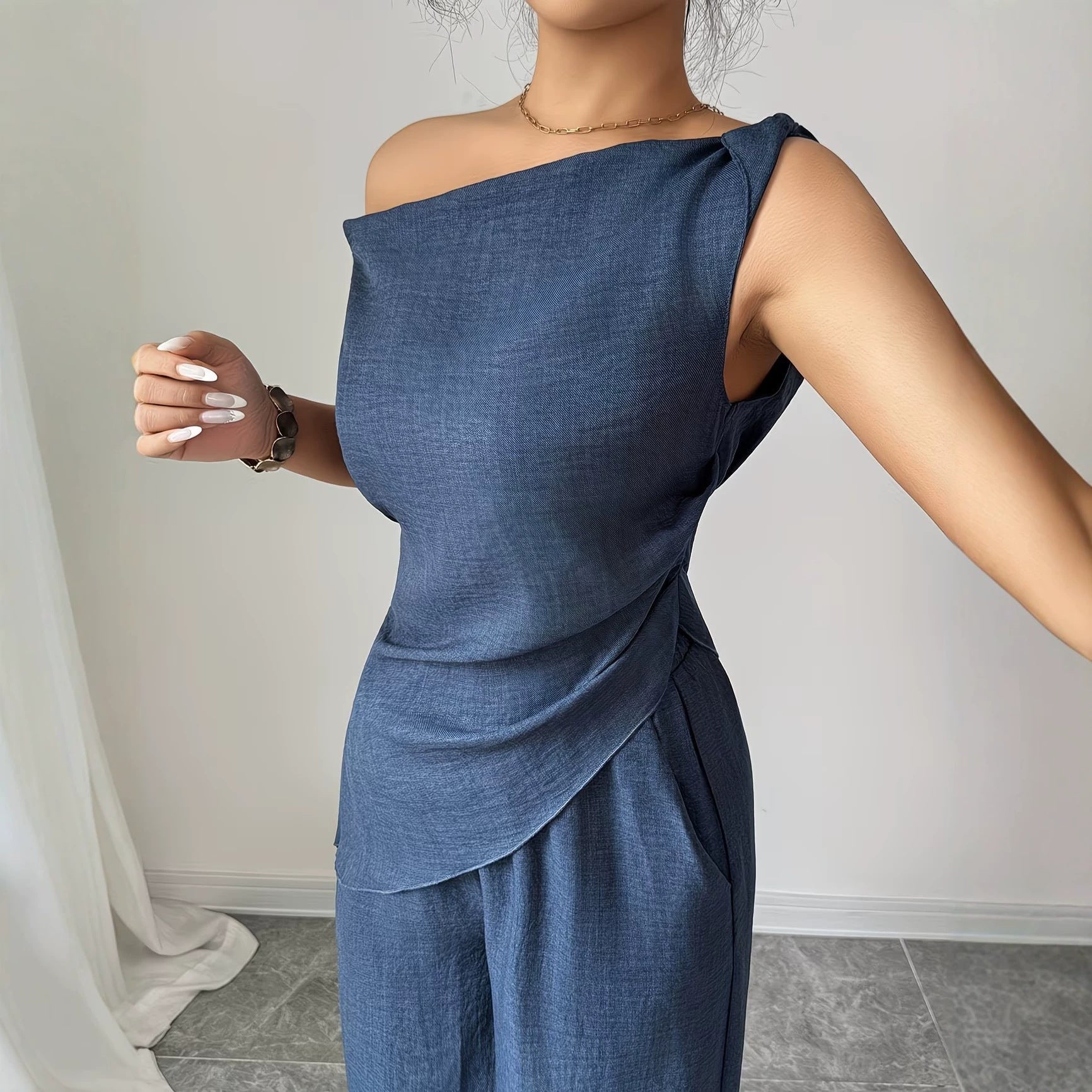 Slash Shoulder Top & Pocket Zip-Up Pants Two-Piece Set for Career Wear