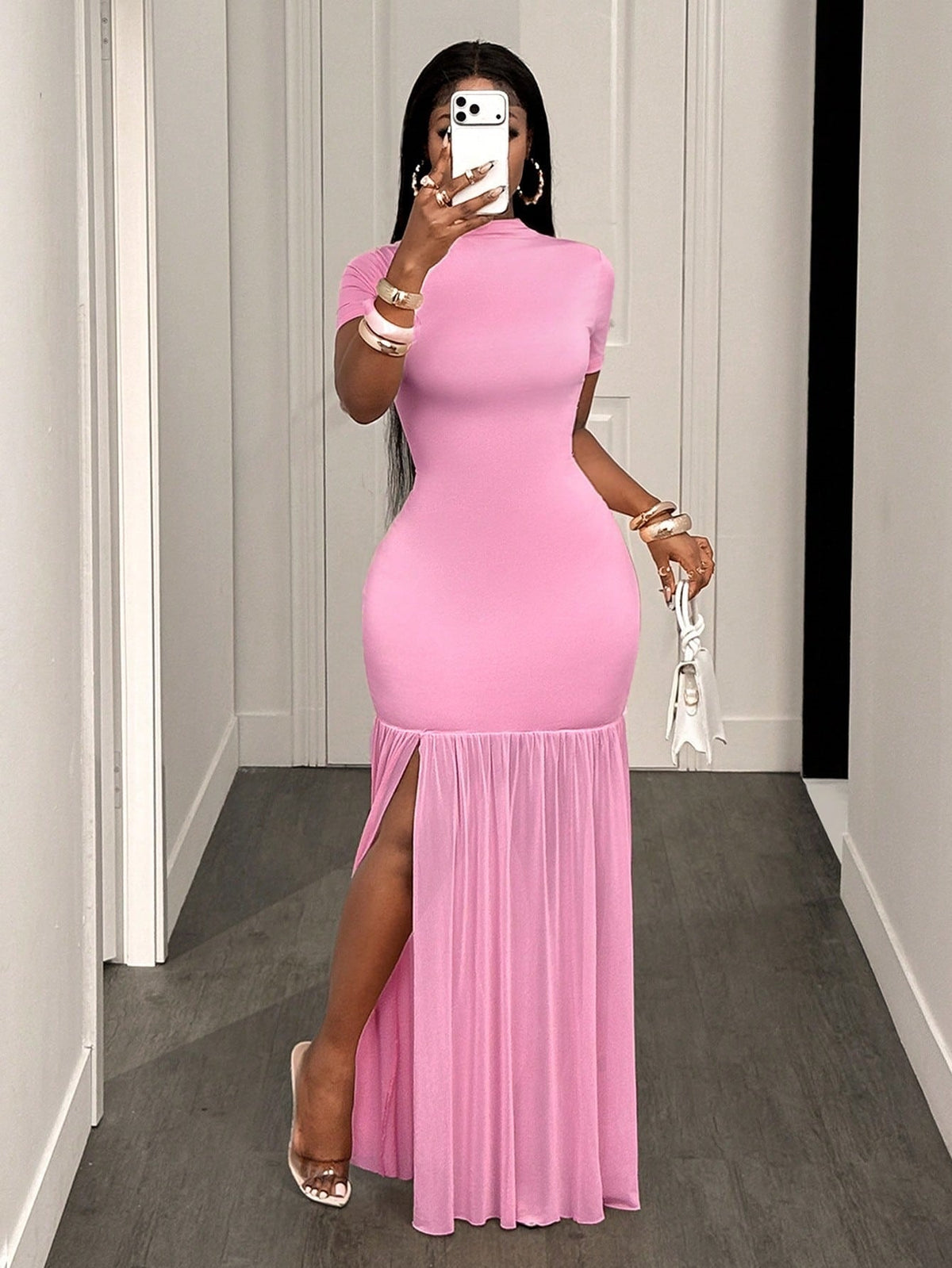 Mock Neck Short Sleeve Tassel Slit Long Dress for Parties