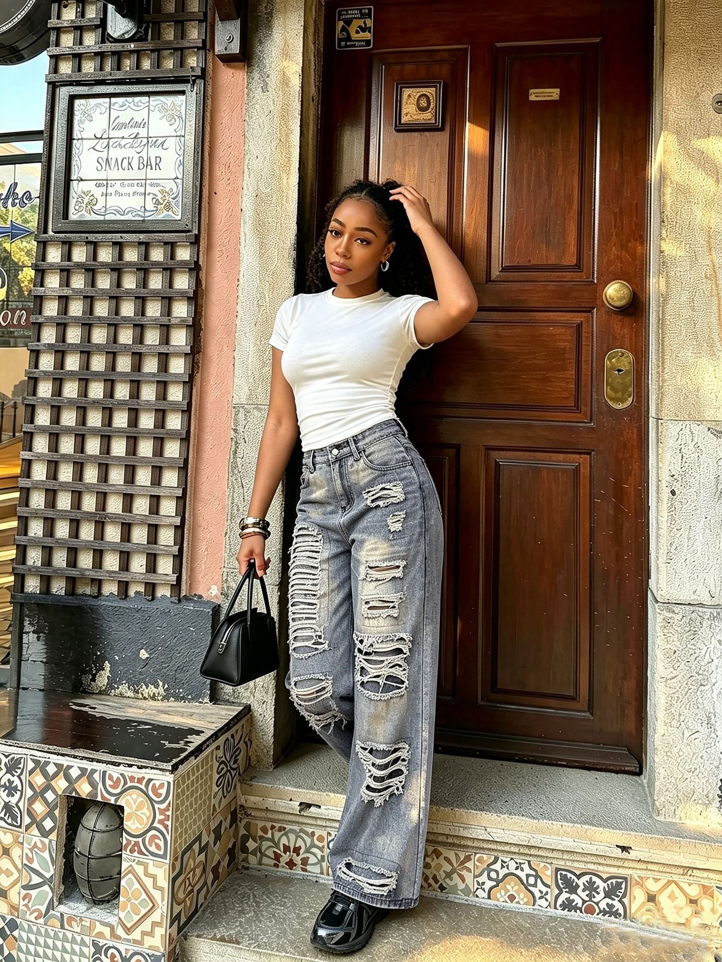 Washed Dirty Ripped Denim Wide-Leg Pants for Casual Streetwear