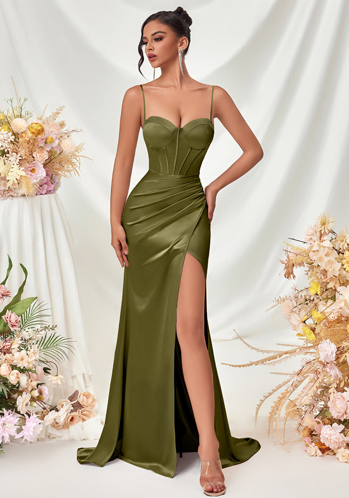 Strapless Slit Spaghetti Strap Maxi Dress for Evening Parties