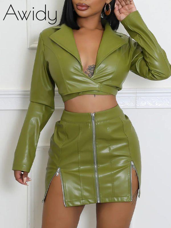 Faux-Leather Jacket & Skirt Set Green