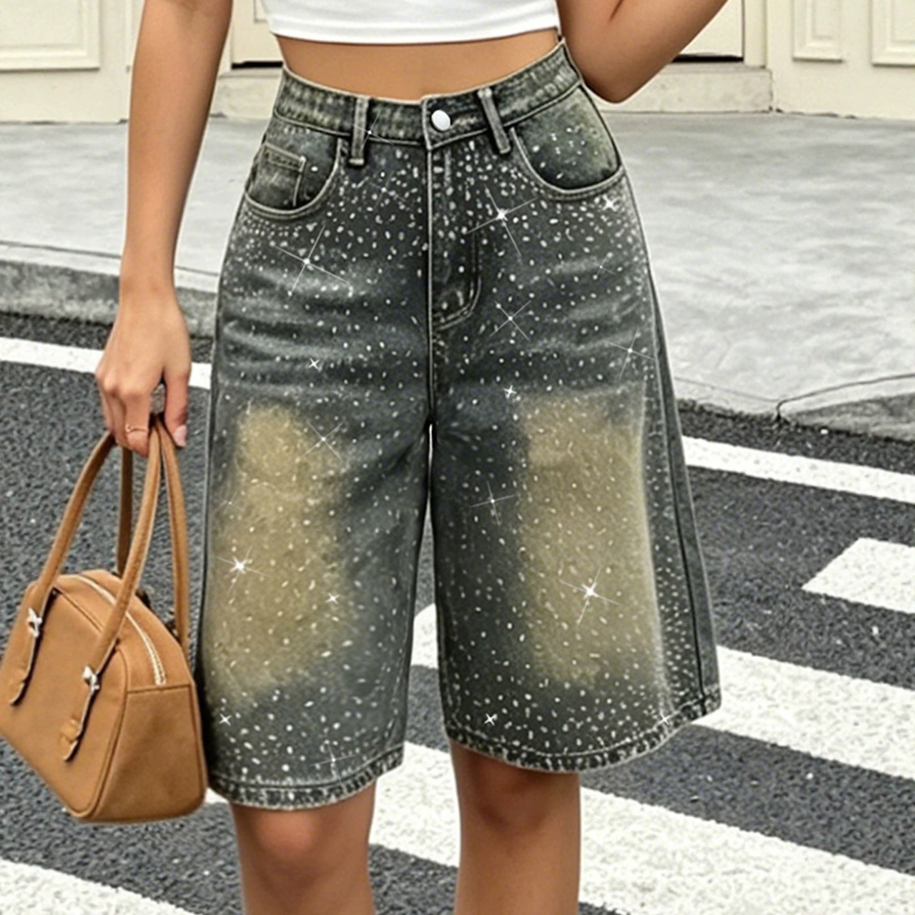 Beaded Wide-Leg Denim Knee-Length Shorts for Spring & Fall Streetwear