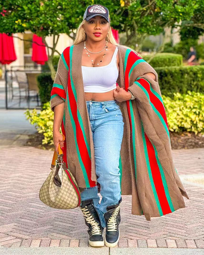 Bold Stripe Knit Kimono Coffee