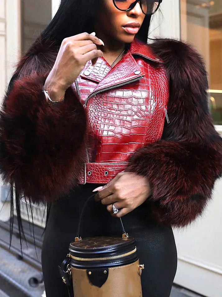 Faux Fur Sleeve & Croc-Embossed Jacket