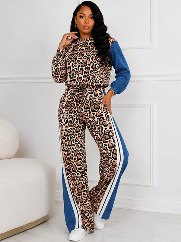 Stripe Combo Leopard Sweatshirt & Pants Set