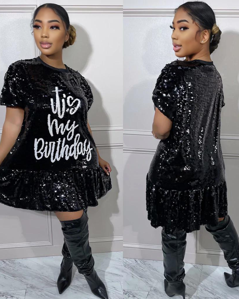 It's My Birthday Sequin Ruffle Dress Black One Size Fits up to Size 16