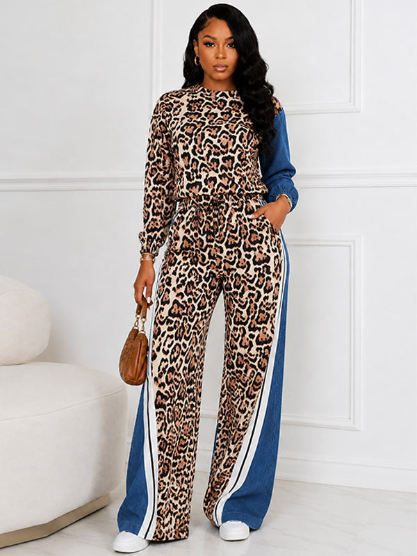 Stripe Combo Leopard Sweatshirt & Pants Set