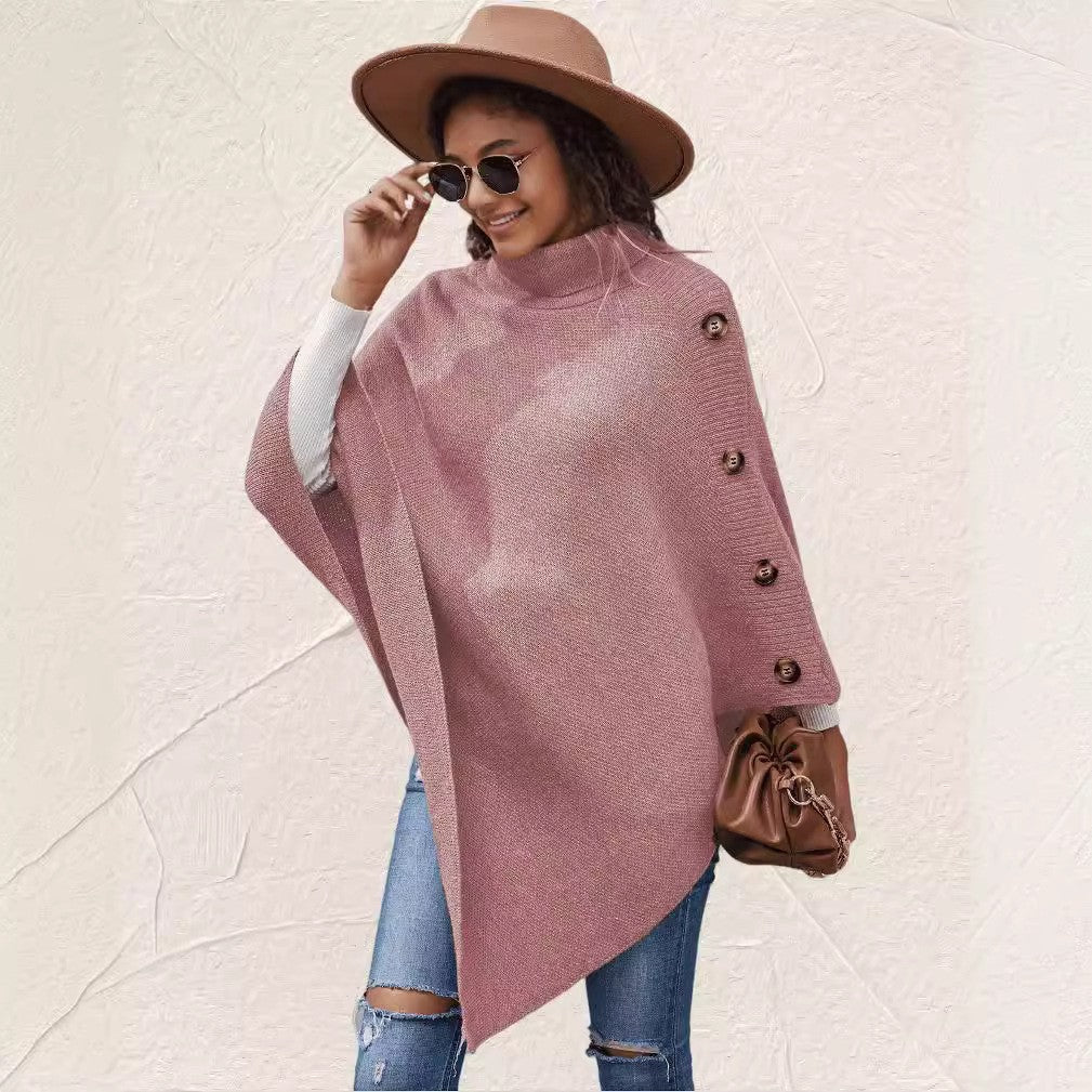 Solid-Color High-Neck Knit Sweater Cape Cardigan Shawl Jacket