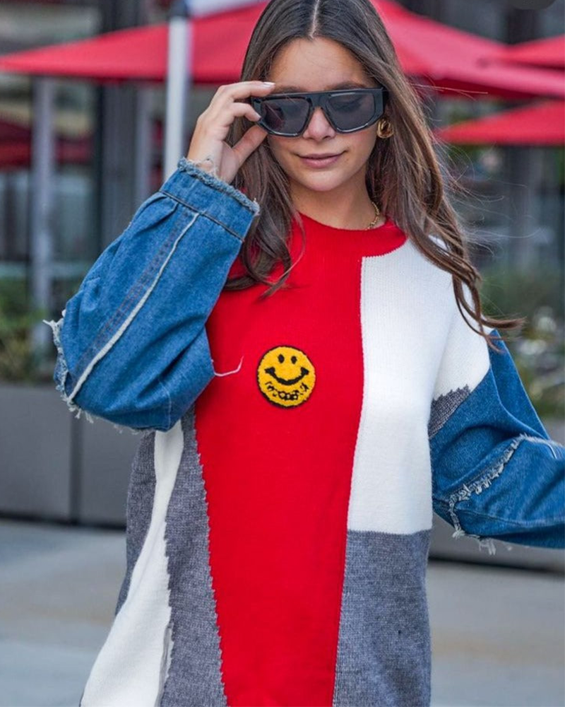 Smile Meets Denim Sweater Red