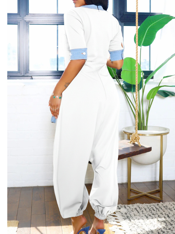 Indiebeautie Denim-Combo V-Neck Jumpsuit