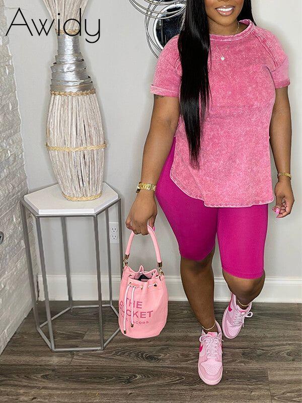 Printed Slit Tee & Biker Shorts Set--Clearance