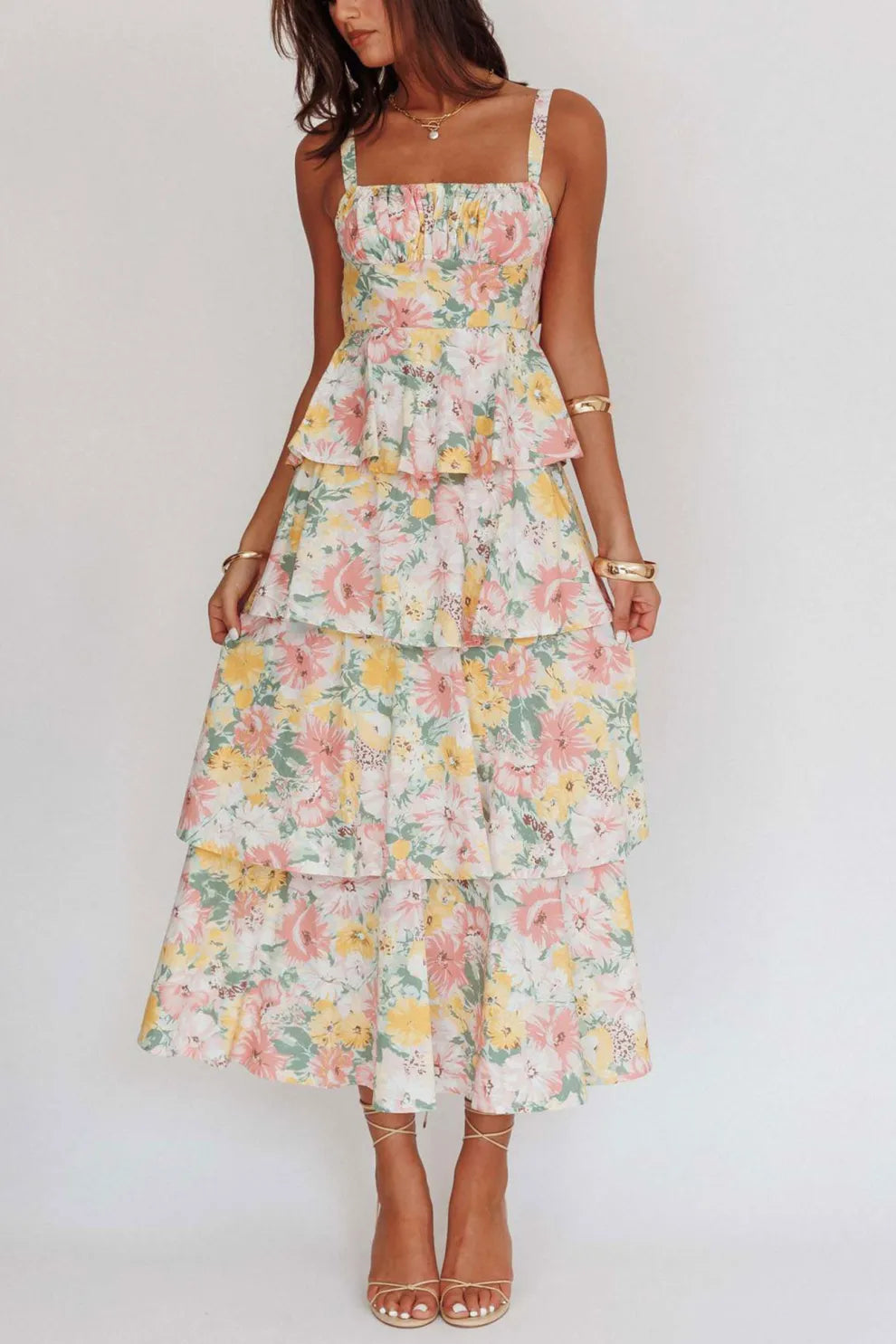 Floral Print Tie up Tiered Midi Dress