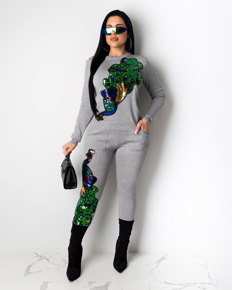 Peacock Sequin Set Grey
