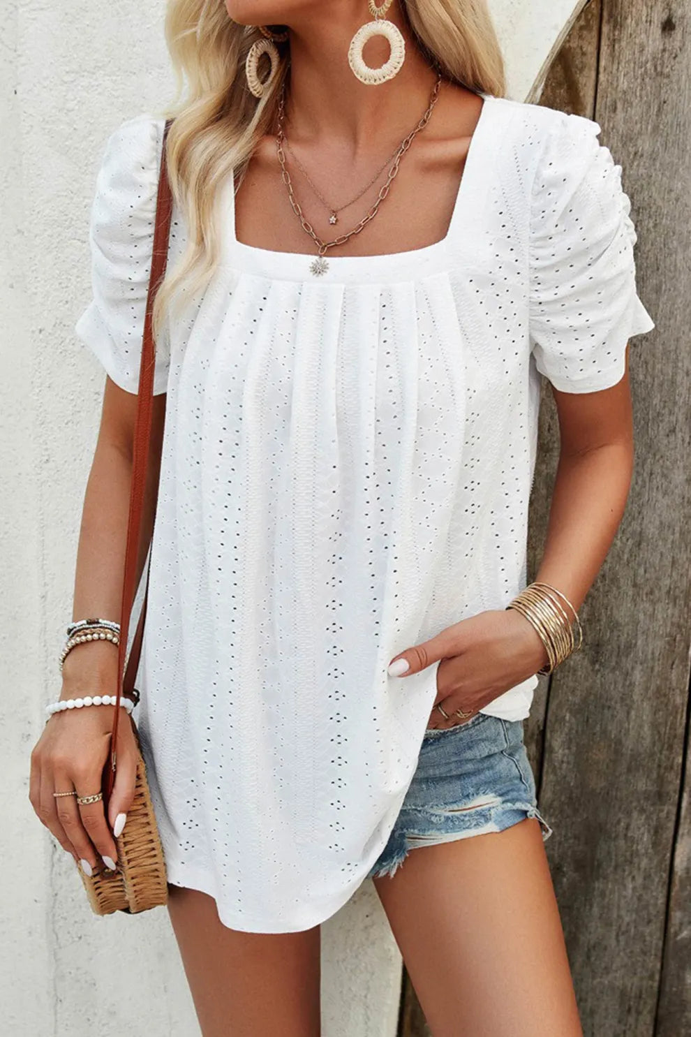 Square Neck Puff Sleeve Hollow Out Blouse