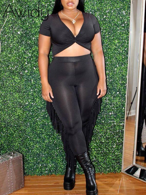 Twisted Crop Top & Fringe Pants Set--Clearance Black L
